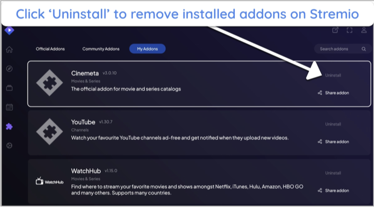 Screenshot of how to uninstall a Stremio addon