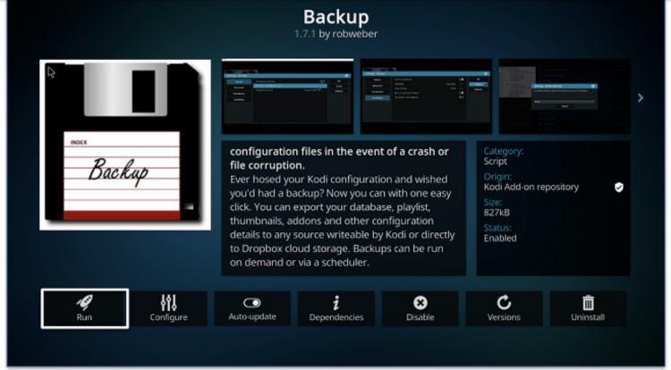 Screenshot of the Backup addon on Kodi