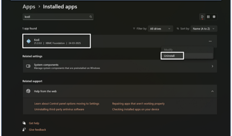 Screenshot of uninstalling Kodi on Windows