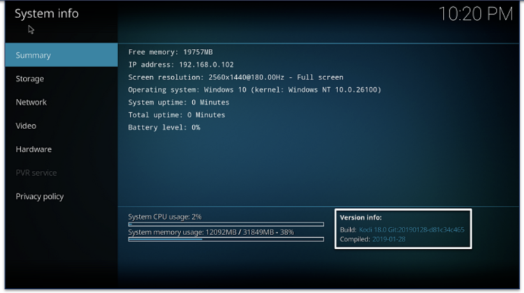 Screenshot of Kodi 18 system info settings