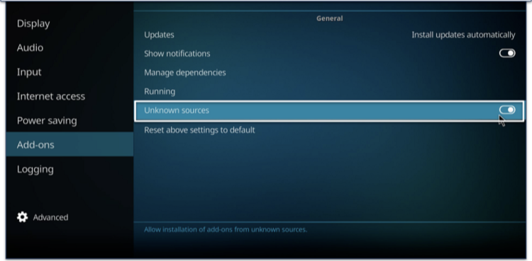 Screenshot of Kodi Unknown sources option