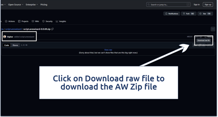 Screenshot of Ares Wizard ZIP file download