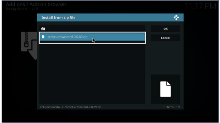 Screenshot of Install from zip file modal on Kodi