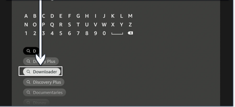 Screenshot showing how to search for the Downloader app