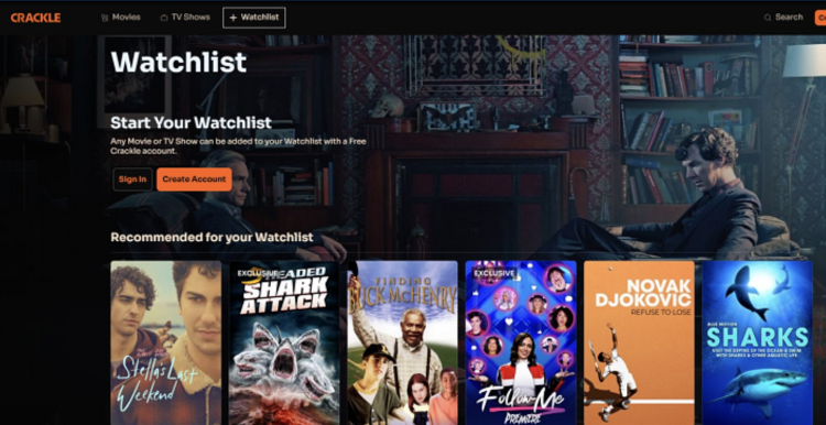 Screenshot of Crackle showing the watchlist tab