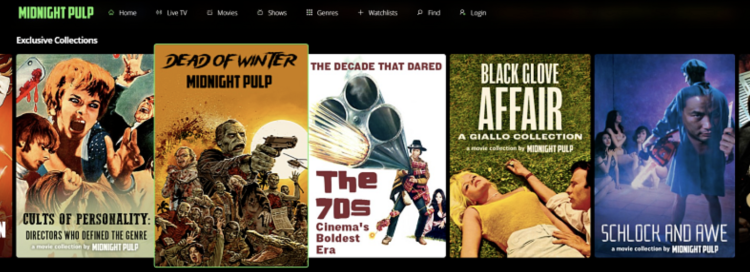 Screenshot showing some horror movies available on Midnight Pulp