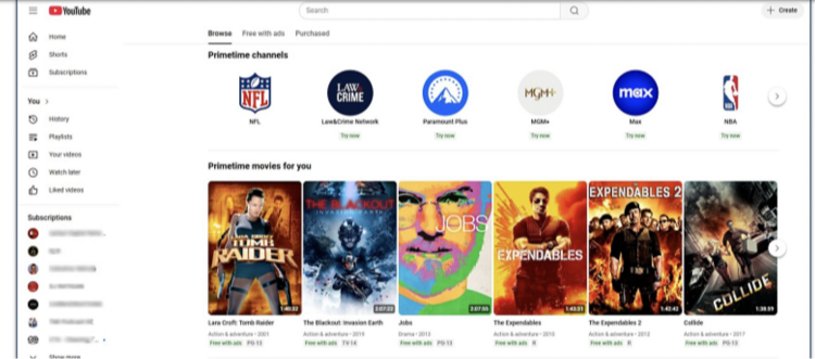 Screenshot showing the YouTube Movies homepage
