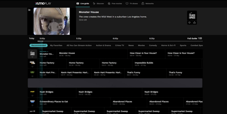 Screenshot showing the Xumo Play live TV guide
