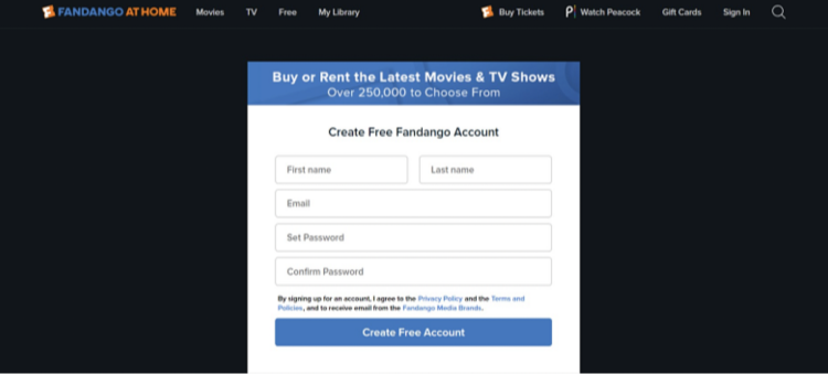 Screenshot of Fandango's signup process