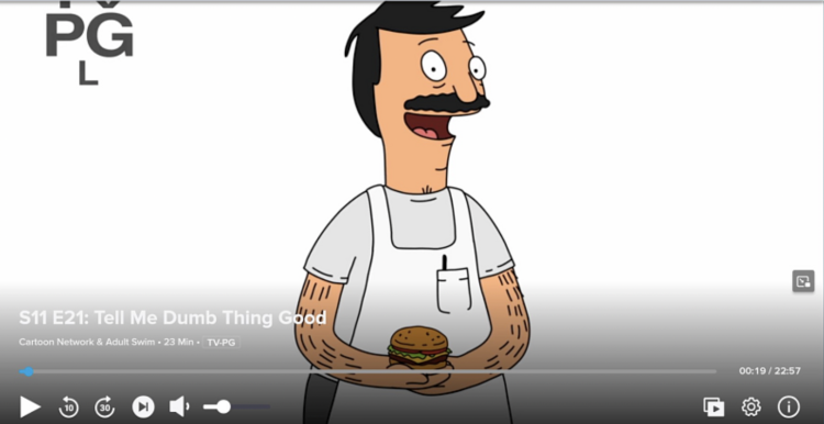 Screenshot of the Sling Freestream player streaming Bob's Burgers