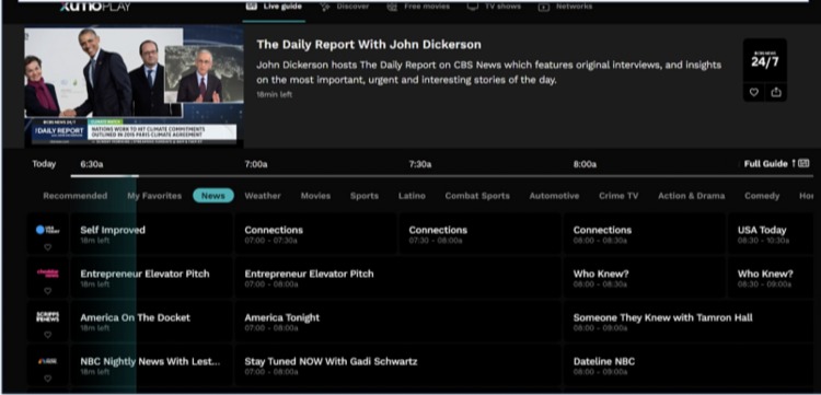 Screenshot of Xumo's live TV categories