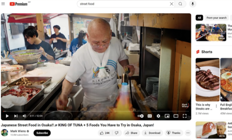 Screenshot of streaming Mark Wiens on YouTube Premium without