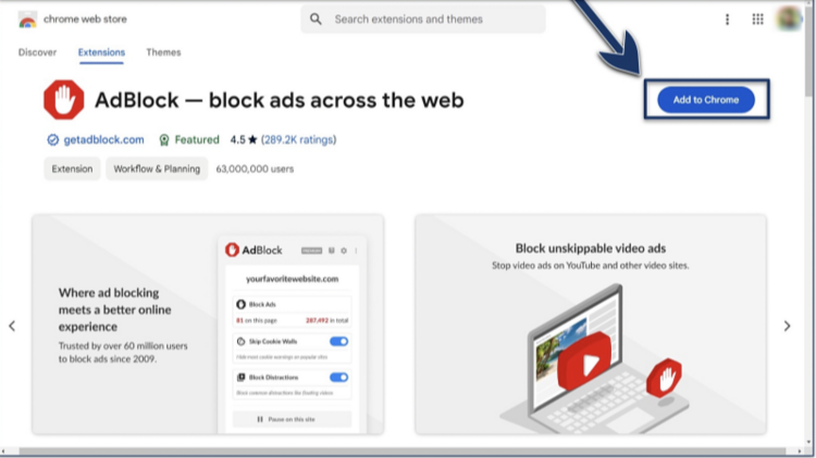 Screenshot of AdBlock on the Chrome Web Store with the 