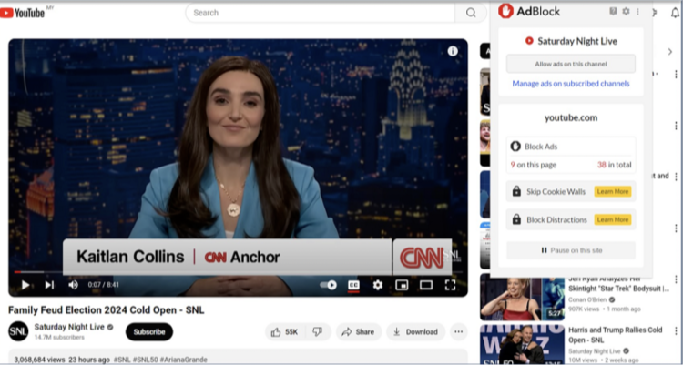 Screenshot of the AdBlock extension widget open while streaming on YouTube ad-free 