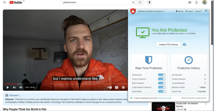 Screenshot of AdBlocker Ultimate on Windows while streaming on YouTube ad-free