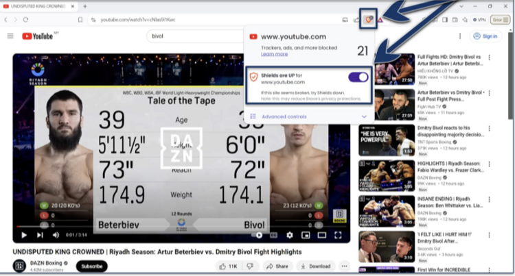 Screenshot of streaming DAZN Boxing on YouTube without ads using the Brave browser