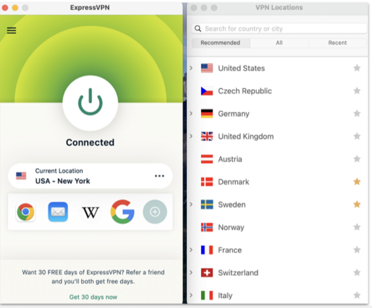 Screenshot of the ExpressVPN server list