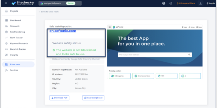 Screenshot of Sitechecker test on Softonic