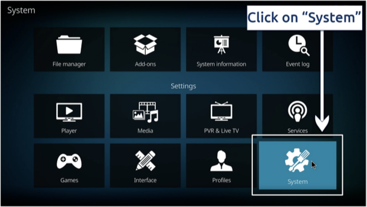 A screenshot showing Kodi's System box that takes you to the add-on area