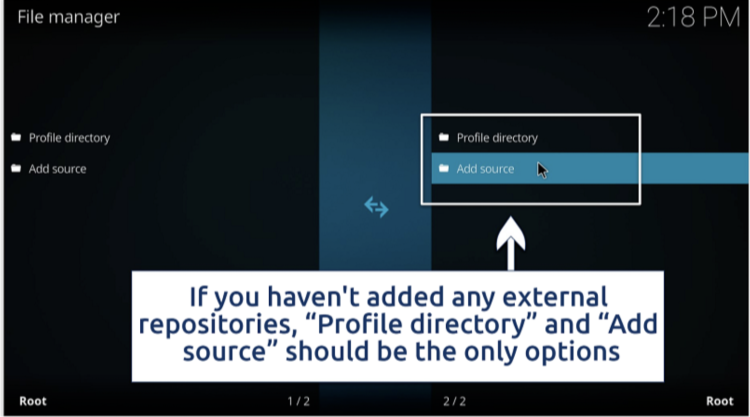 A screenshot showing the File Manager menu in Kodi.