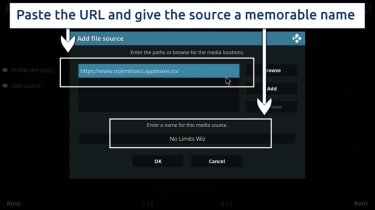 A screenshot showing it's easy to add the URL of a repository and give it a name in Kodi