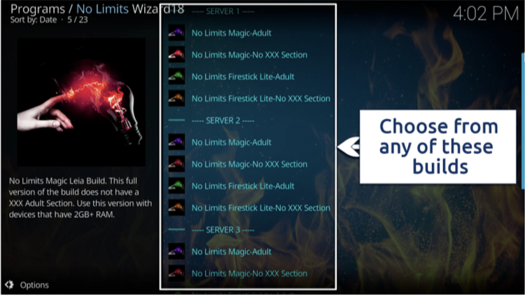 A screenshot showing showing available No Limits Builds