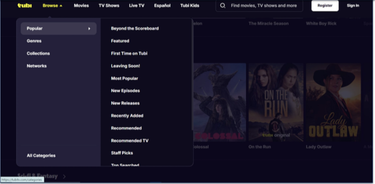 Screenshot of Tubi's homepage with the list of categories