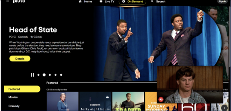 Screenshot of Pluto TV's hompepage
