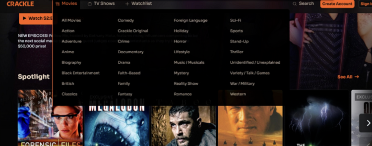 Screenshot of Crackle's homepage with movie categories