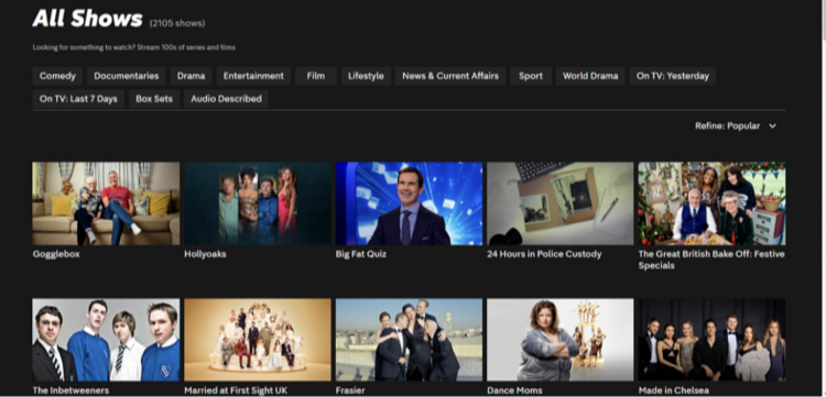 Screenshot of Channel4's selection of free shows