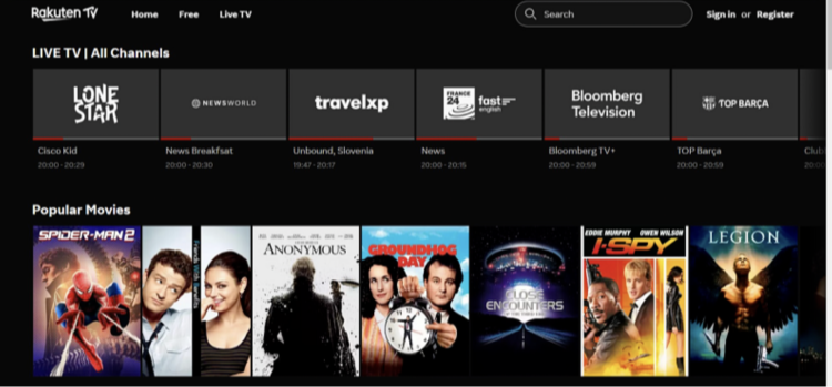 Screenshot of Rakuten TV homepage