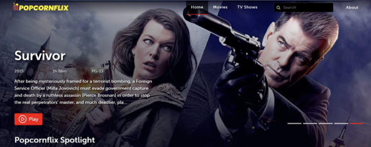 Screenshot of Popcornflix' homepage