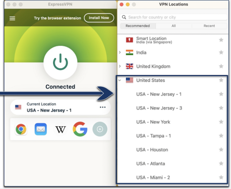 Screenshot of ExpressVPN's US server list