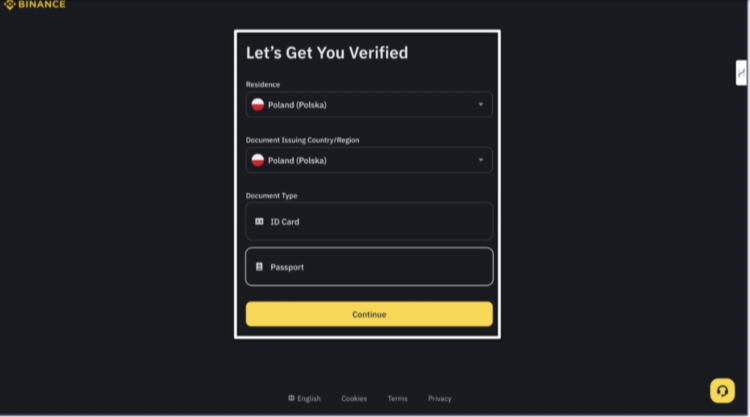 Screenshot of Binance's account verification page
