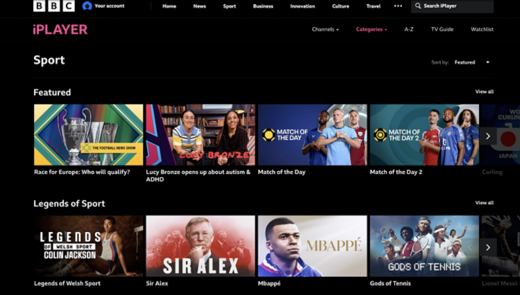 Screenshot of BBC iPlayer’s sports section