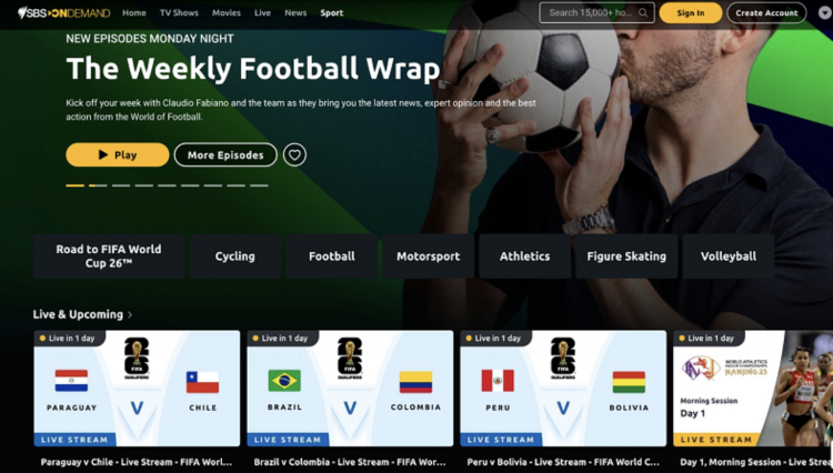 Screenshot of SBS Live’s sports homepage with featured live and upcoming events
