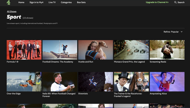Screenshot of Channel 4’s sports page