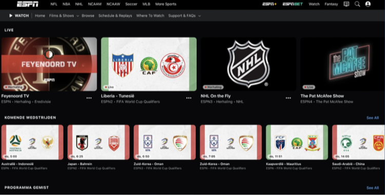 Screenshot of ESPN sports page with featured events