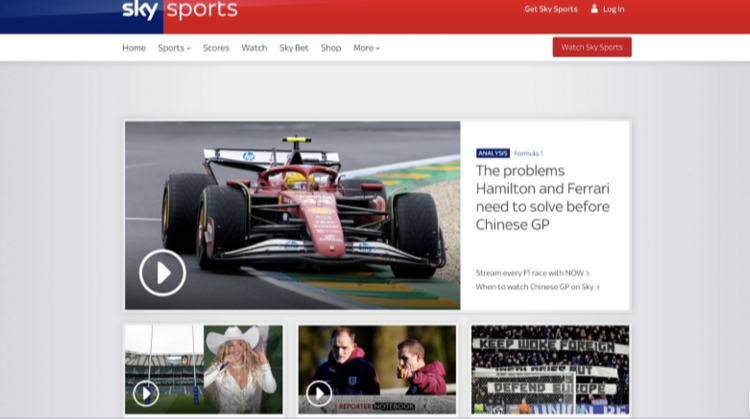 Screenshot of Sky Sports’ homepage