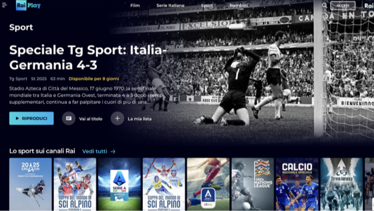 Screenshot of RaiPlay’s sports homepage showing featured matches