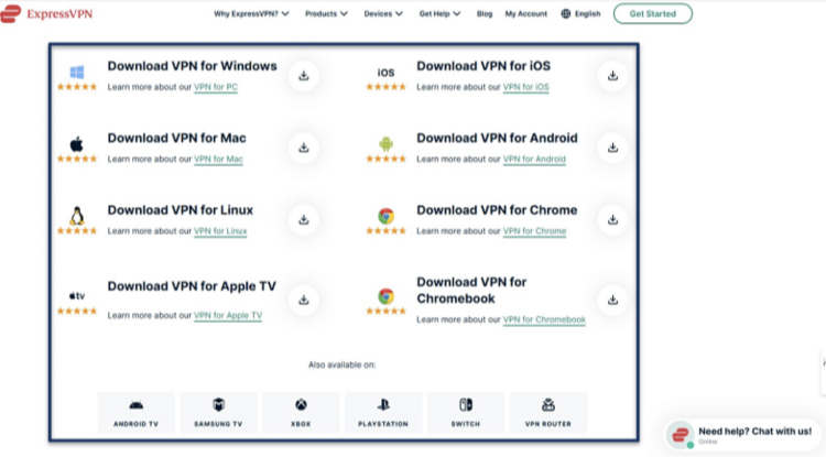 Screenshot showing some of the devices and platforms ExpressVPN supports