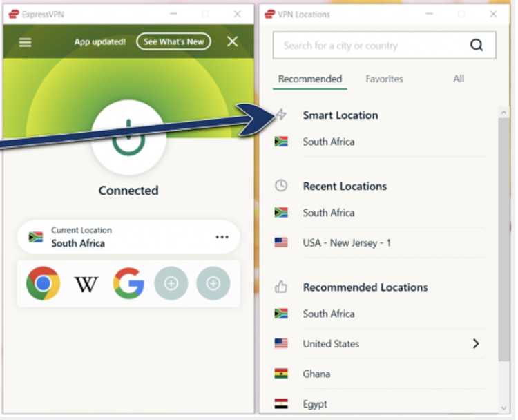 Screenshot showing ExpressVPN app connected to the Smart Location server