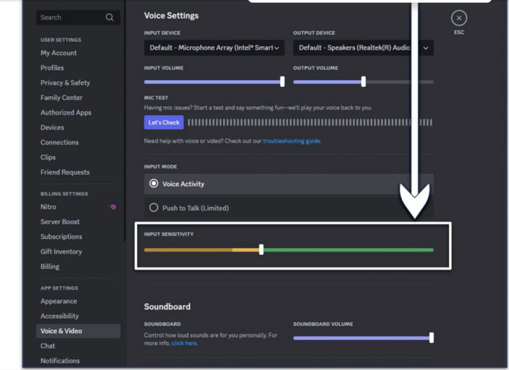 Screenshot showing how to adjust input sensitivity on Discord