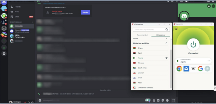 Screenshot showing ExpressVPN connected to an Algeria server with the Discord website in the background