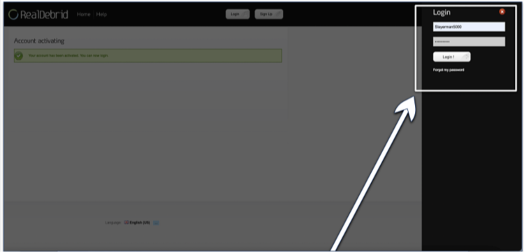 Screenshot showing how to log in to your Real Debrid account after email confirmation