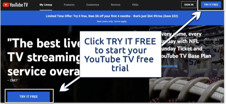 Screenshot of the YouTube TV homepage and free trial button