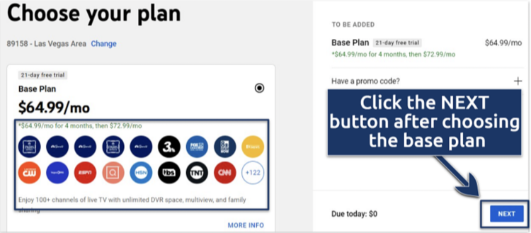 Screenshot of the YouTube TV base plan subscription page