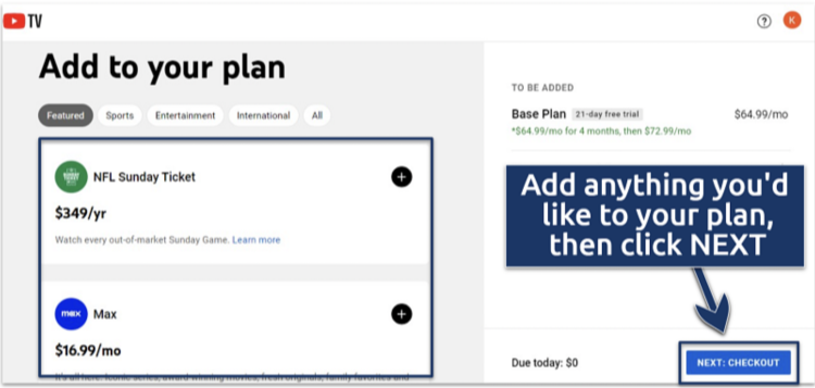 Screenshot of the YouTube TV base plan subscription page