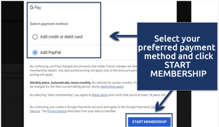 A screenshot of the available billing options on YouTube TV