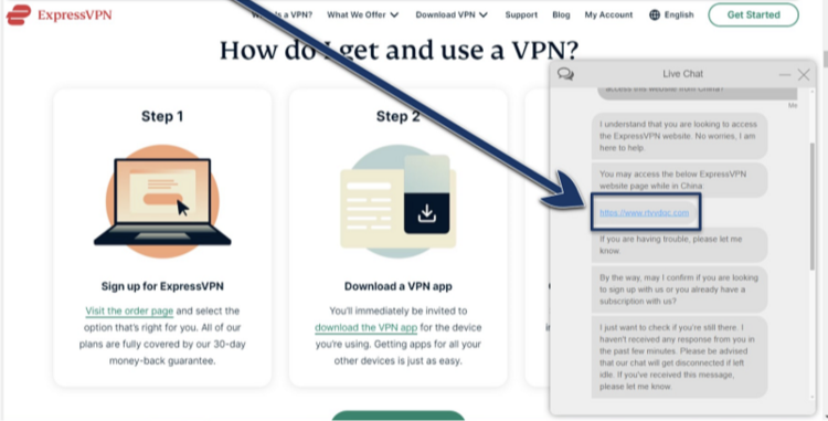 Screenshot of ExpressVPN's website with live chat support sharing the URL for China